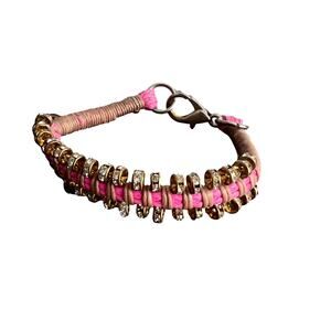 Pam Hiran Pink and Brown Boho Rhinestone Studded Braided Cord Bracelet